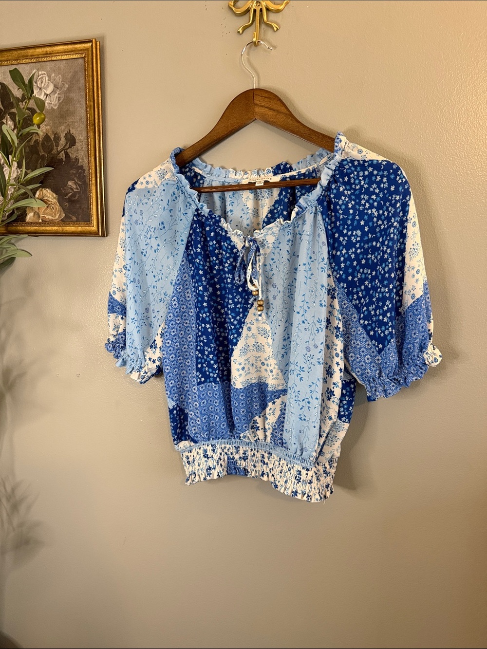 Rose & Olive Blue Patchwork Floral Peasant Blouse - Picture 3 of 7
